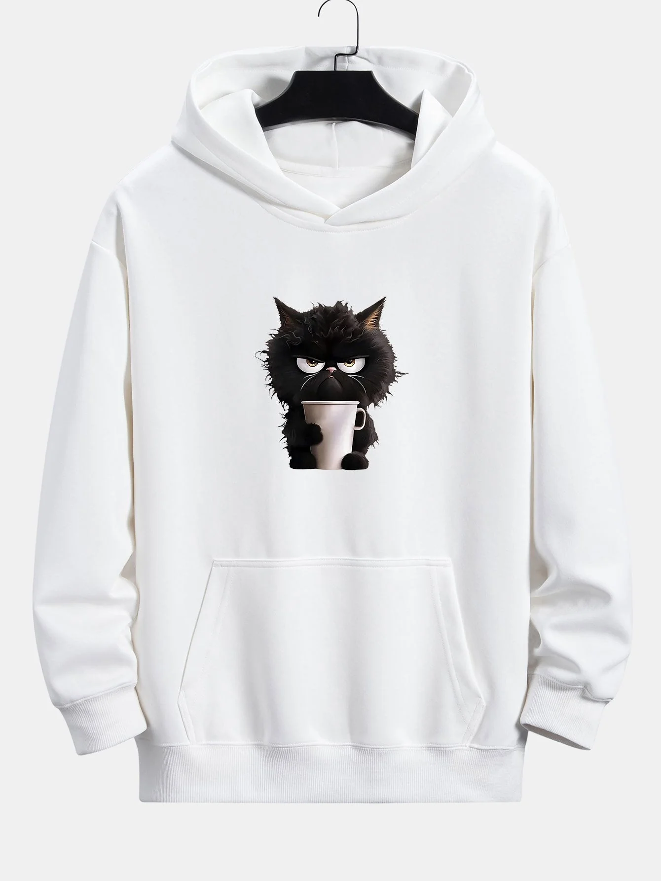 Donald | Black Cat Drinking Coffee Print Relax Fit Hoodie - Image 7