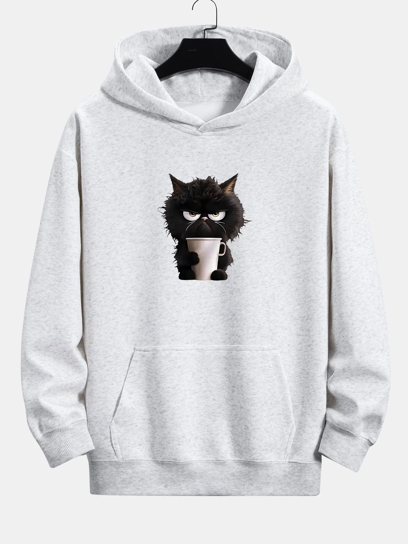 Donald | Black Cat Drinking Coffee Print Relax Fit Hoodie - Image 8
