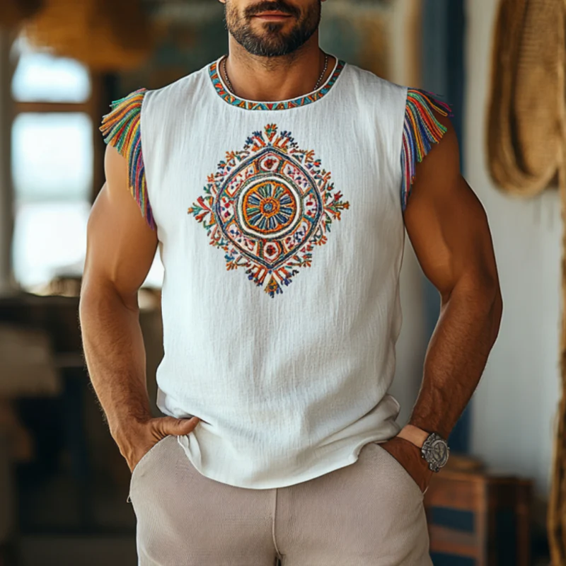 Donald | Men'S Bohemian Embroidered Tassel Cotton Linen Round Neck Slim Fit Tank Top - Image 2
