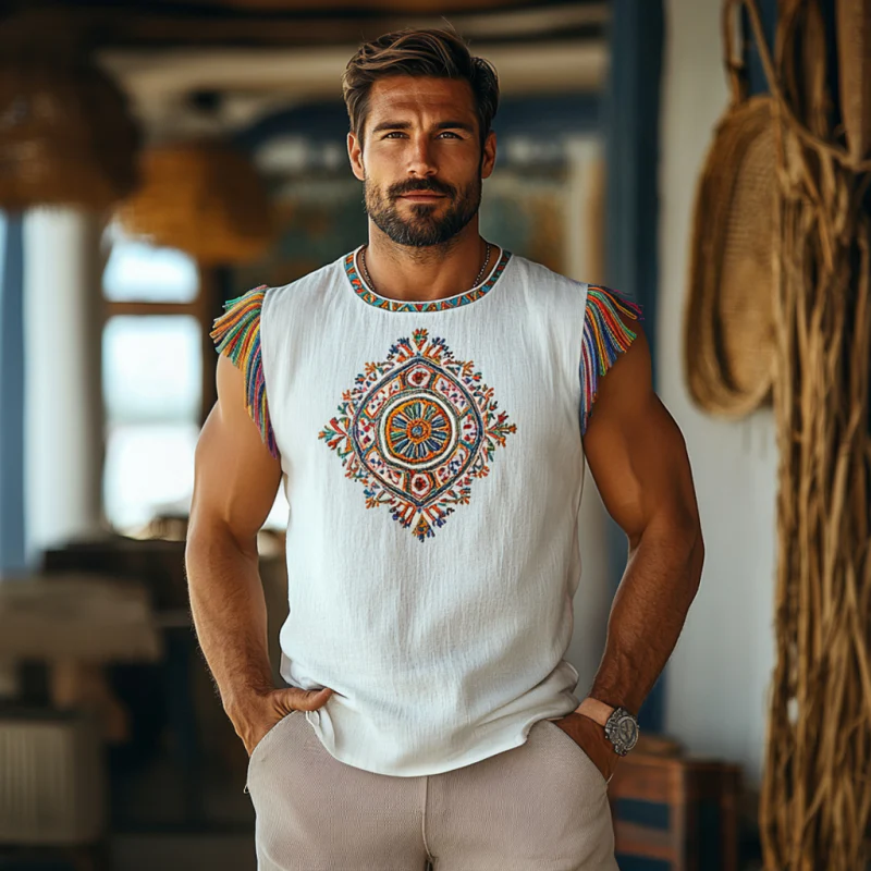 Donald | Men'S Bohemian Embroidered Tassel Cotton Linen Round Neck Slim Fit Tank Top - Image 3