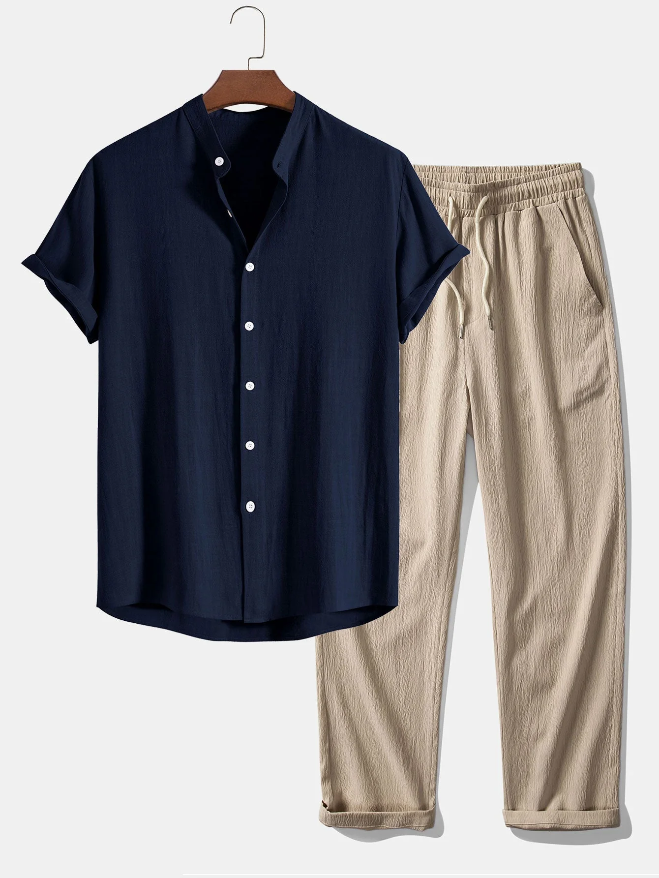 Donato® | Linen And Rayon Blend Stand Collar Shirt & Wrinkle Textured Straight Leg Pants - Image 2