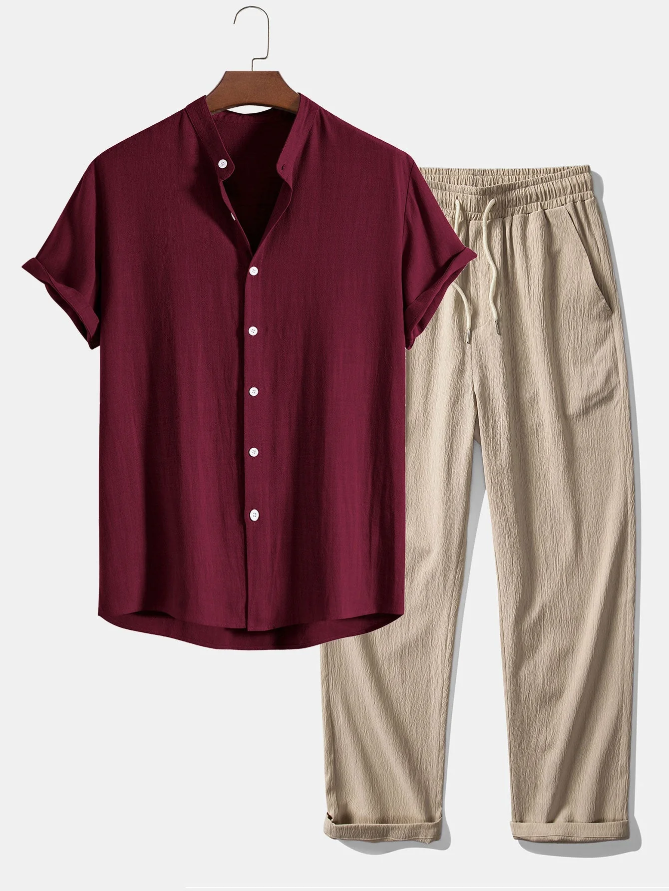Donato® | Linen And Rayon Blend Stand Collar Shirt & Wrinkle Textured Straight Leg Pants - Image 3