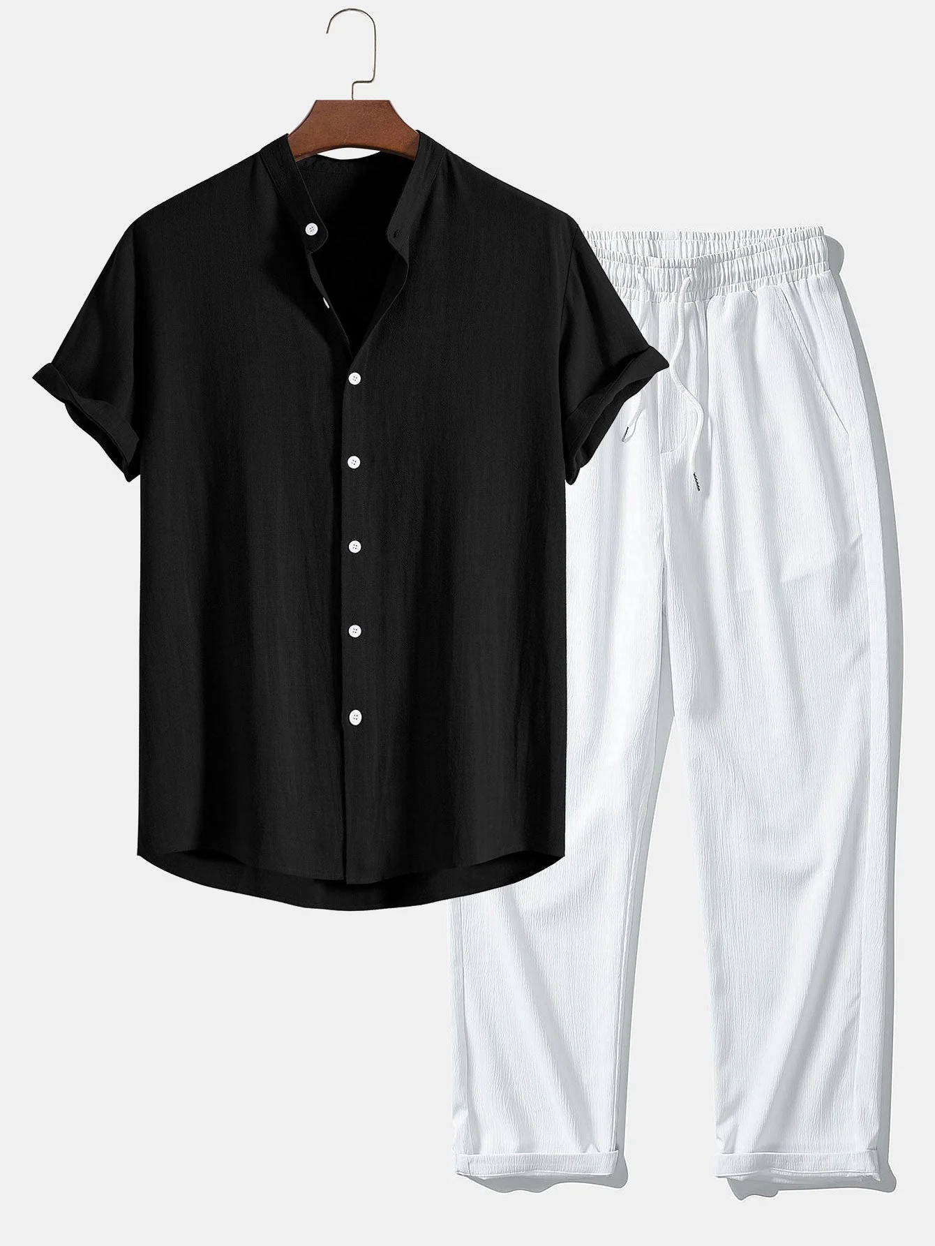 Donato® | Linen And Rayon Blend Stand Collar Shirt & Wrinkle Textured Straight Leg Pants - Image 4