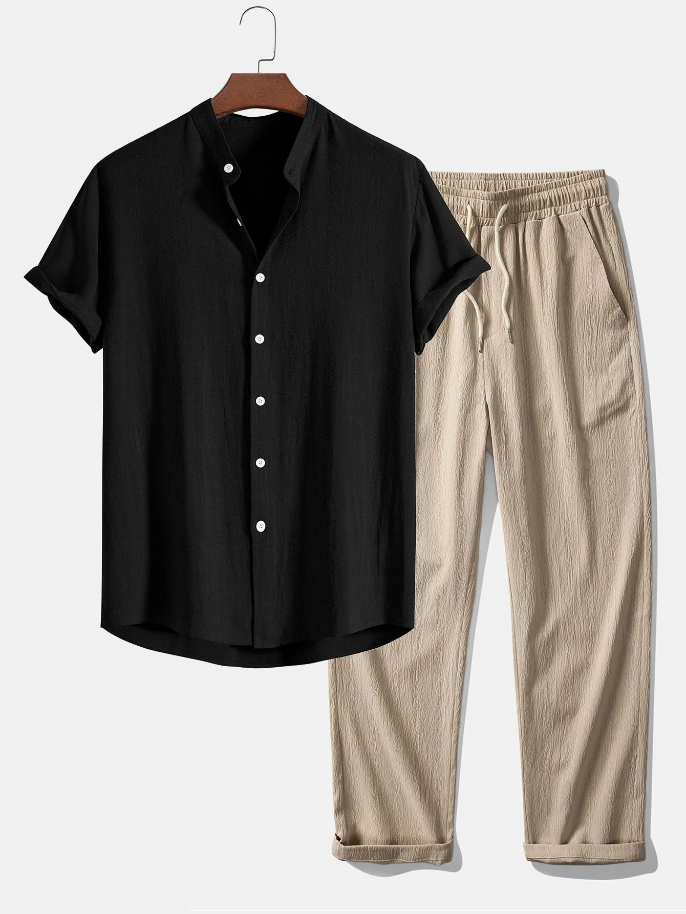 Donato® | Linen And Rayon Blend Stand Collar Shirt & Wrinkle Textured Straight Leg Pants - Image 5
