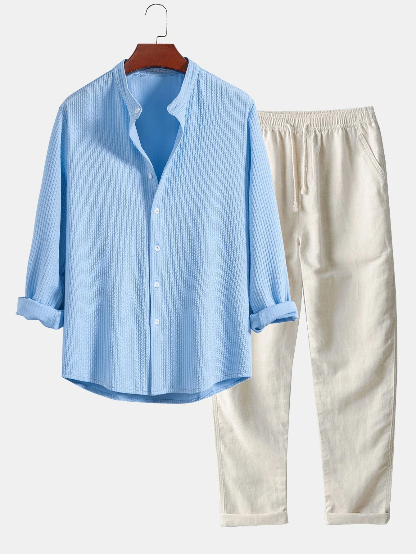 Donny® | Muscle Fit Ribbed Long Sleeved Shirt With Mandarin Collar & Straight Leg Linen Trousers - Image 3
