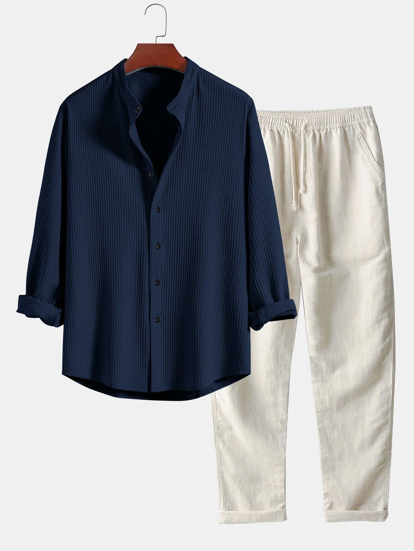 Donny® | Muscle Fit Ribbed Long Sleeved Shirt With Mandarin Collar & Straight Leg Linen Trousers - Image 8