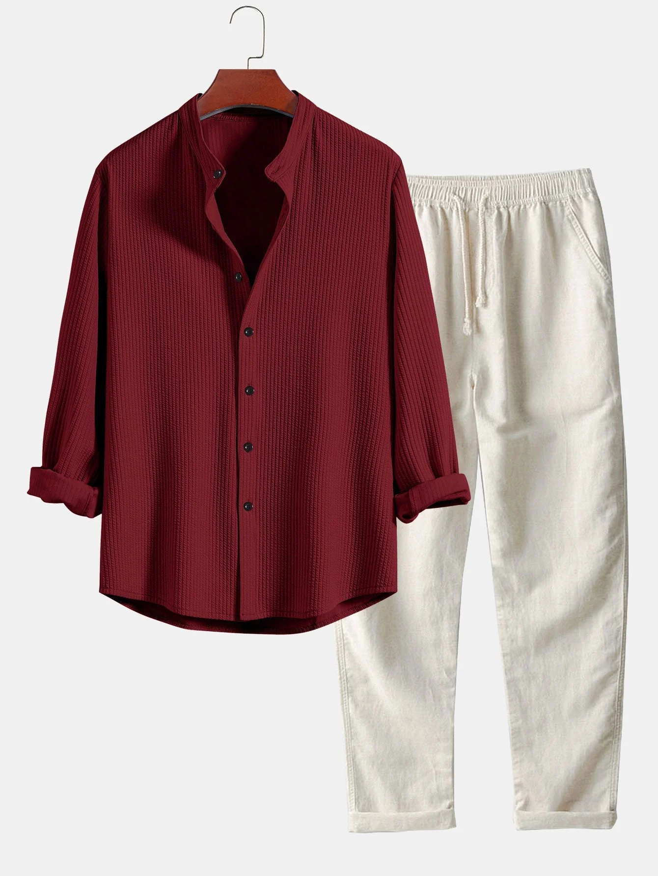 Donny® | Muscle Fit Ribbed Long Sleeved Shirt With Mandarin Collar & Straight Leg Linen Trousers - Image 9