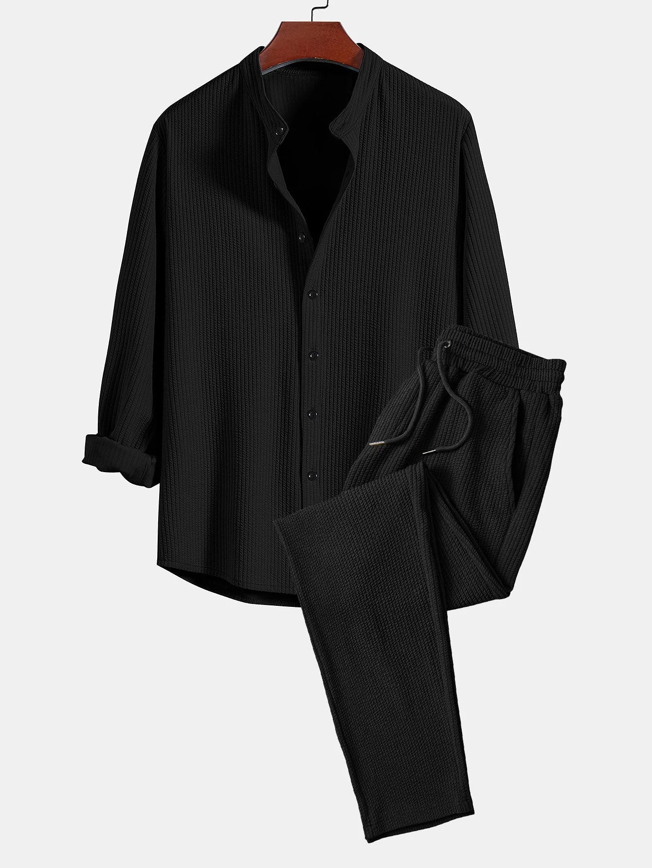 Donovan® | Muscle Fit Long Sleeved Ribbed Collar Shirt & Straight Leg Ribbed Trousers - Image 2