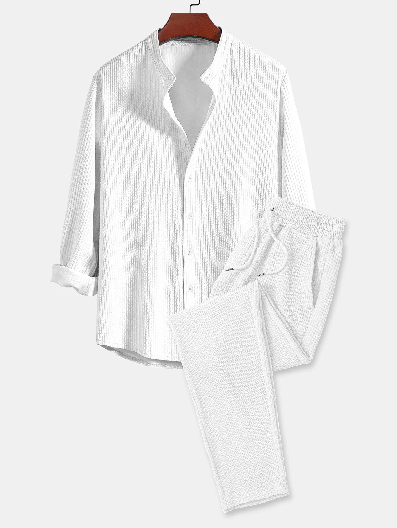 Donovan® | Muscle Fit Long Sleeved Ribbed Collar Shirt & Straight Leg Ribbed Trousers - Image 4