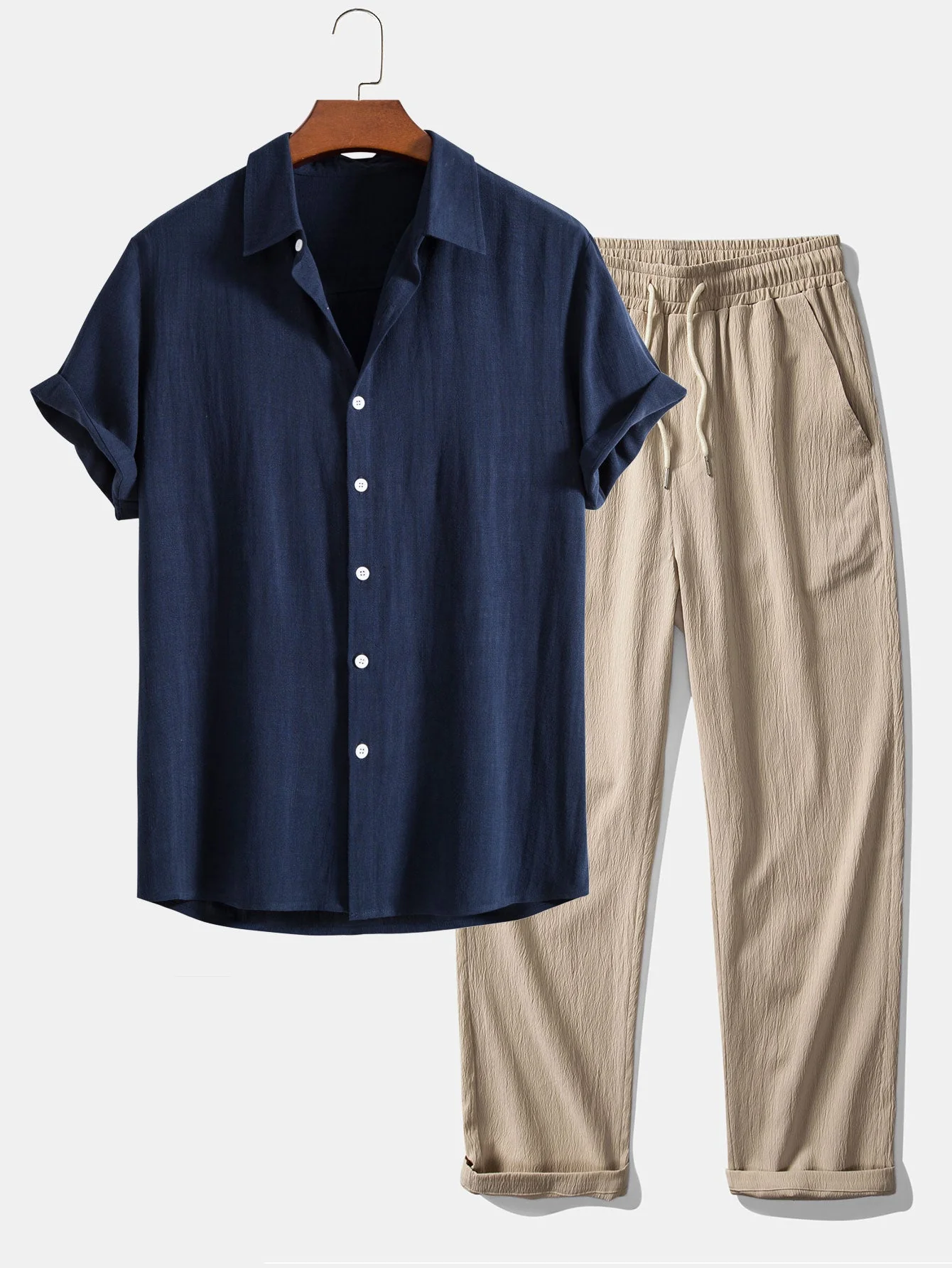 Dorian® | Linen Rayon Blend Button Up Shirt & Wrinkle Textured Straight Leg Pants - Image 2