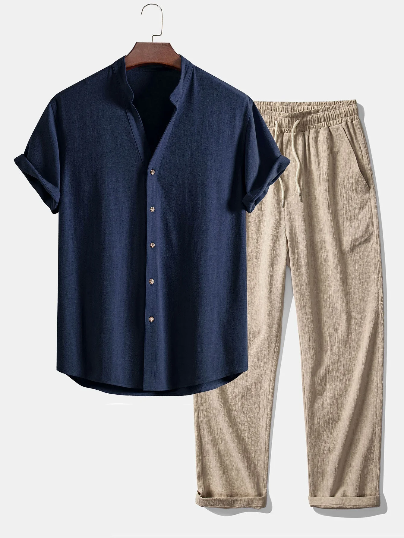 Doroteo® | Short Sleeve V Neck Linen Rayon Blend Shirt & Wrinkle Textured Straight Leg Pants - Image 2
