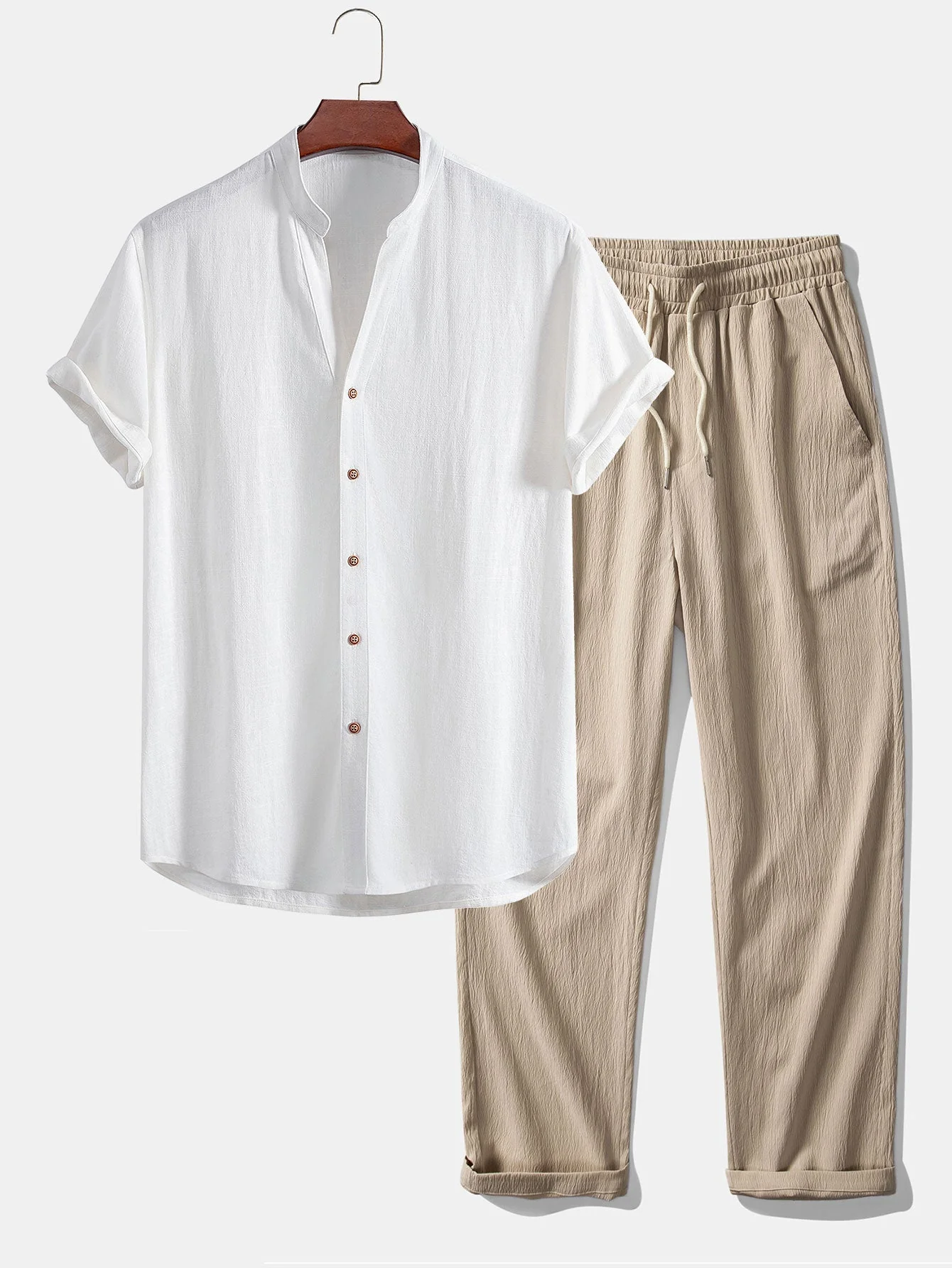 Doroteo® | Short Sleeve V Neck Linen Rayon Blend Shirt & Wrinkle Textured Straight Leg Pants - Image 5