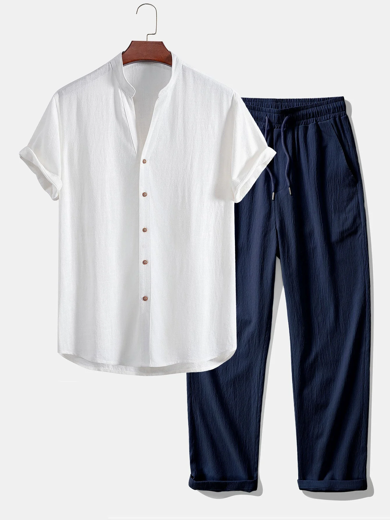 Doroteo® | Short Sleeve V Neck Linen Rayon Blend Shirt & Wrinkle Textured Straight Leg Pants - Image 6