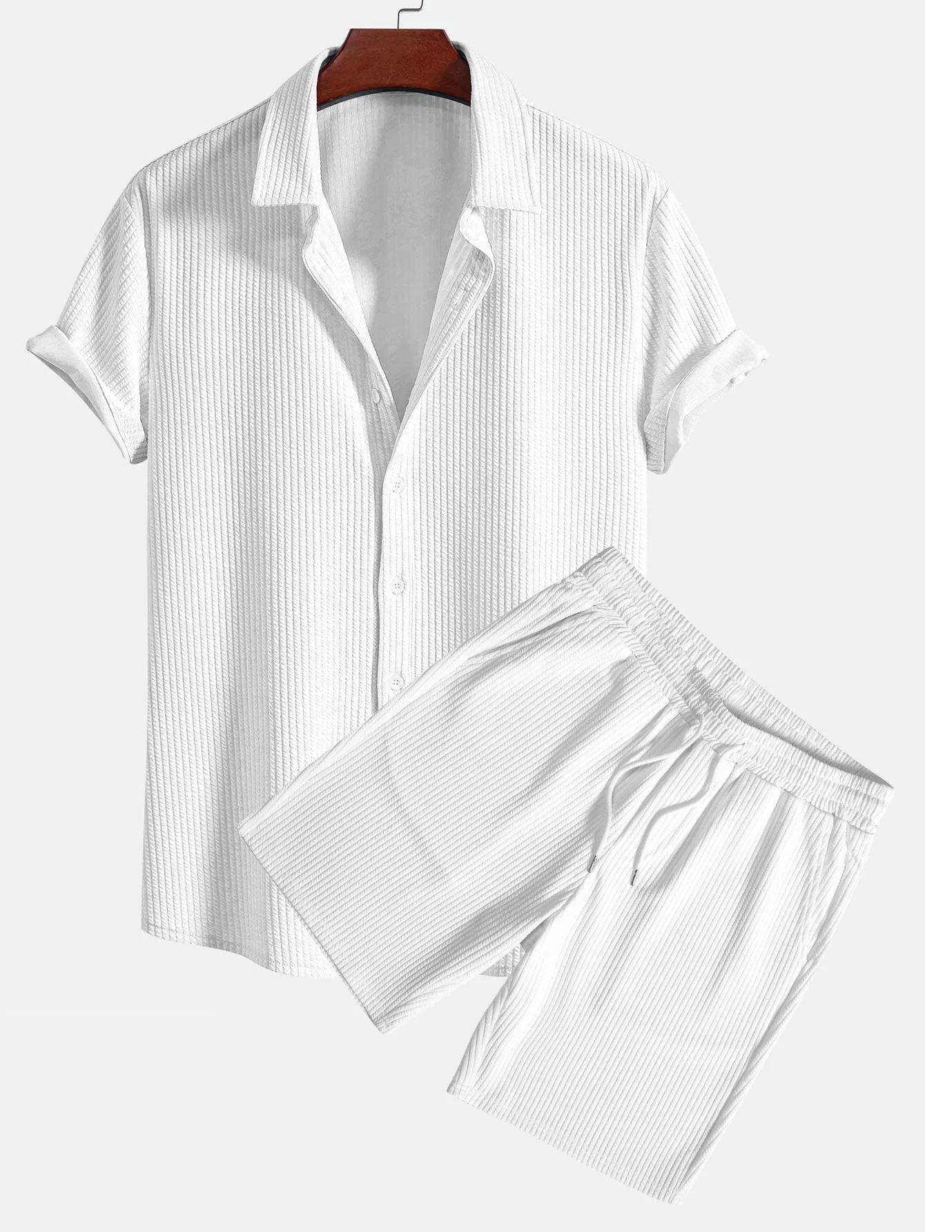 Doug® | Muscle Fit Ribbed Button Up Shirt & Shorts - Image 5