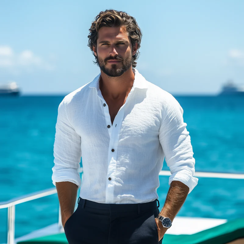 Douglas | Men'S Casual Solid Color Breathable Linen Lapel Slim Fit Long Sleeve Shirt - Image 3