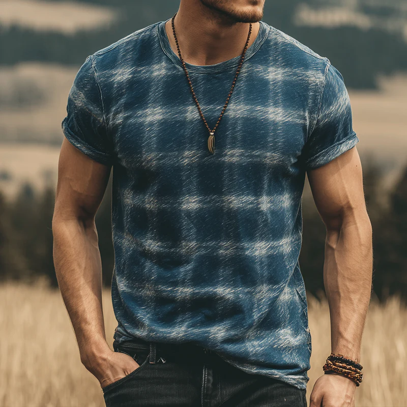 Douglas | Men'S Retro Casual Plaid Contrast Color Printed Round Neck Short Sleeve T-Shirt - Image 3