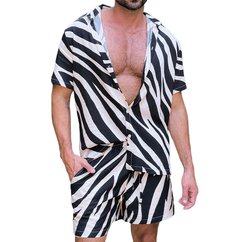 Drew | Men'S Spring And Summer Fashion Casual Zebra Stripe Printed Silk Cotton Short Sleeve Shirt Elastic Waist Shorts Set - Image 2