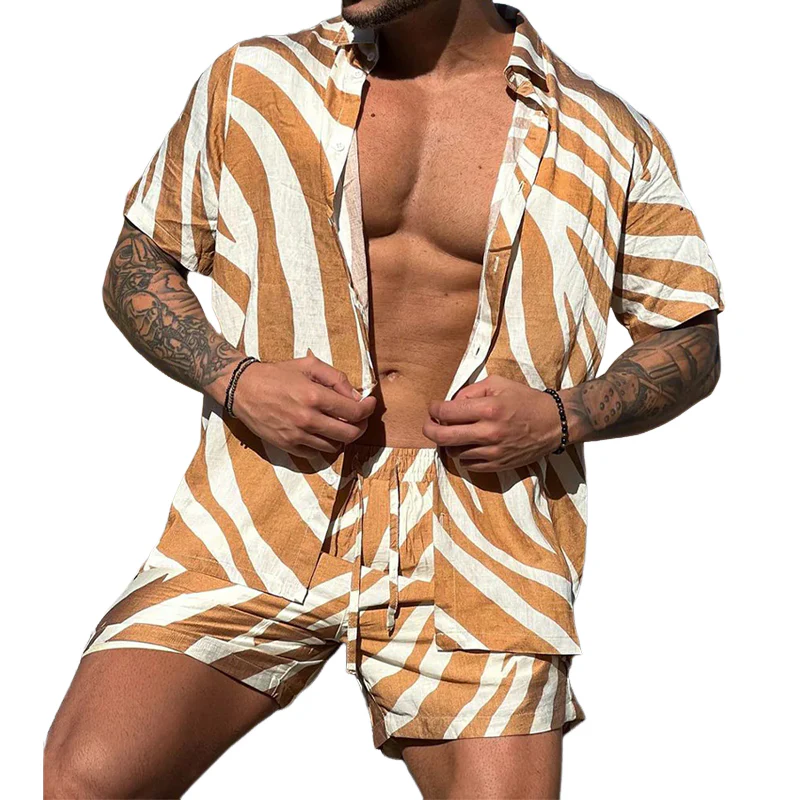 Drew | Men'S Spring And Summer Fashion Casual Zebra Stripe Printed Silk Cotton Short Sleeve Shirt Elastic Waist Shorts Set - Image 3