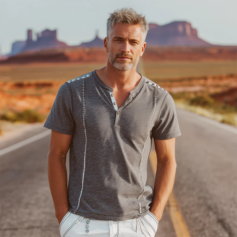 Duane | Men'S Spring And Summer Fashion Cotton Blended Shoulder Decoration Rivet Henley Neck Short Sleeve T-Shirt - Image 3