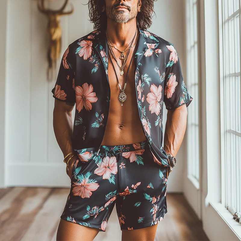 Duane | Men'S Summer Fashion Floral Print Imitation Silk Short Sleeve Shirt Shorts Set - Image 2