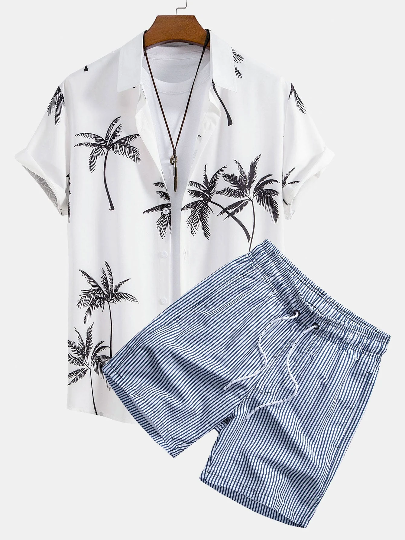 Duncan® | Palm Tree Print Button Up Shirt & Stripe Print Swim Shorts
