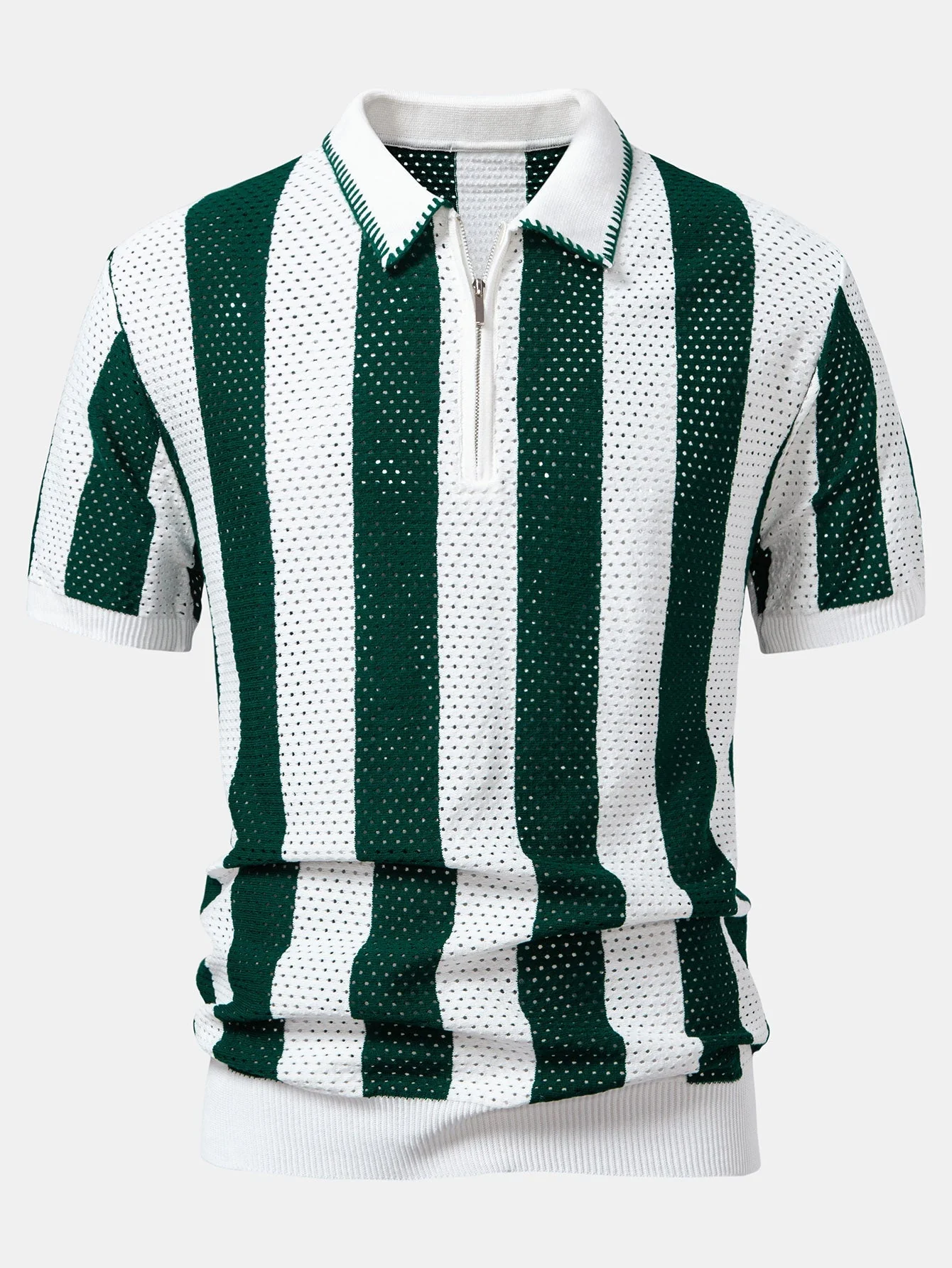 Dylan | Striped Eyelet Knit Zip Up Polo Shirt - Image 10