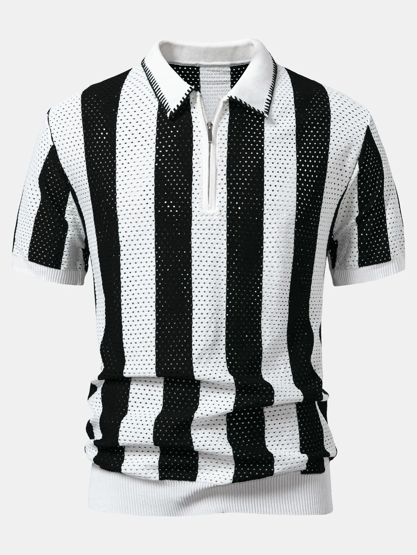 Dylan | Striped Eyelet Knit Zip Up Polo Shirt - Image 12