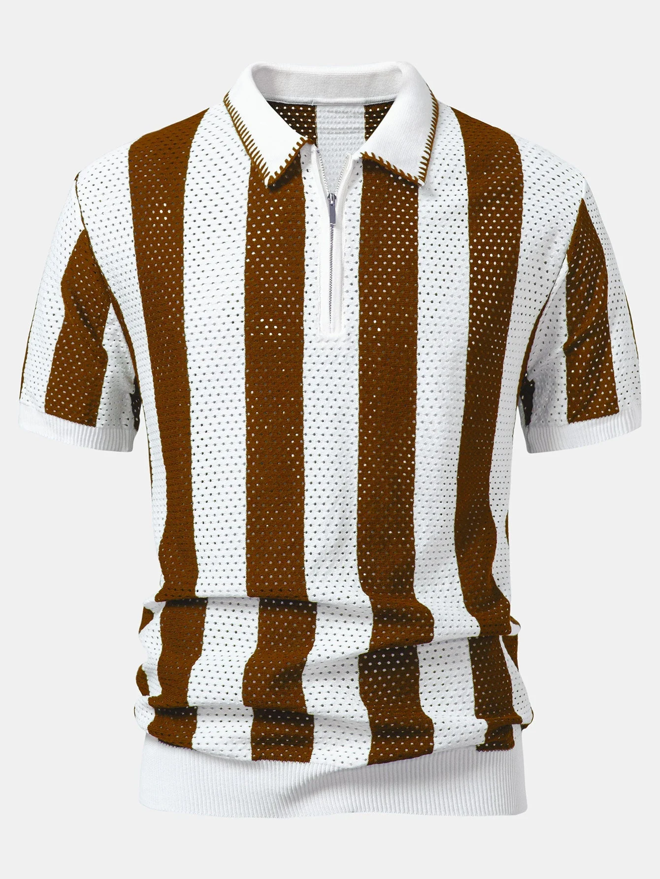 Dylan | Striped Eyelet Knit Zip Up Polo Shirt - Image 14