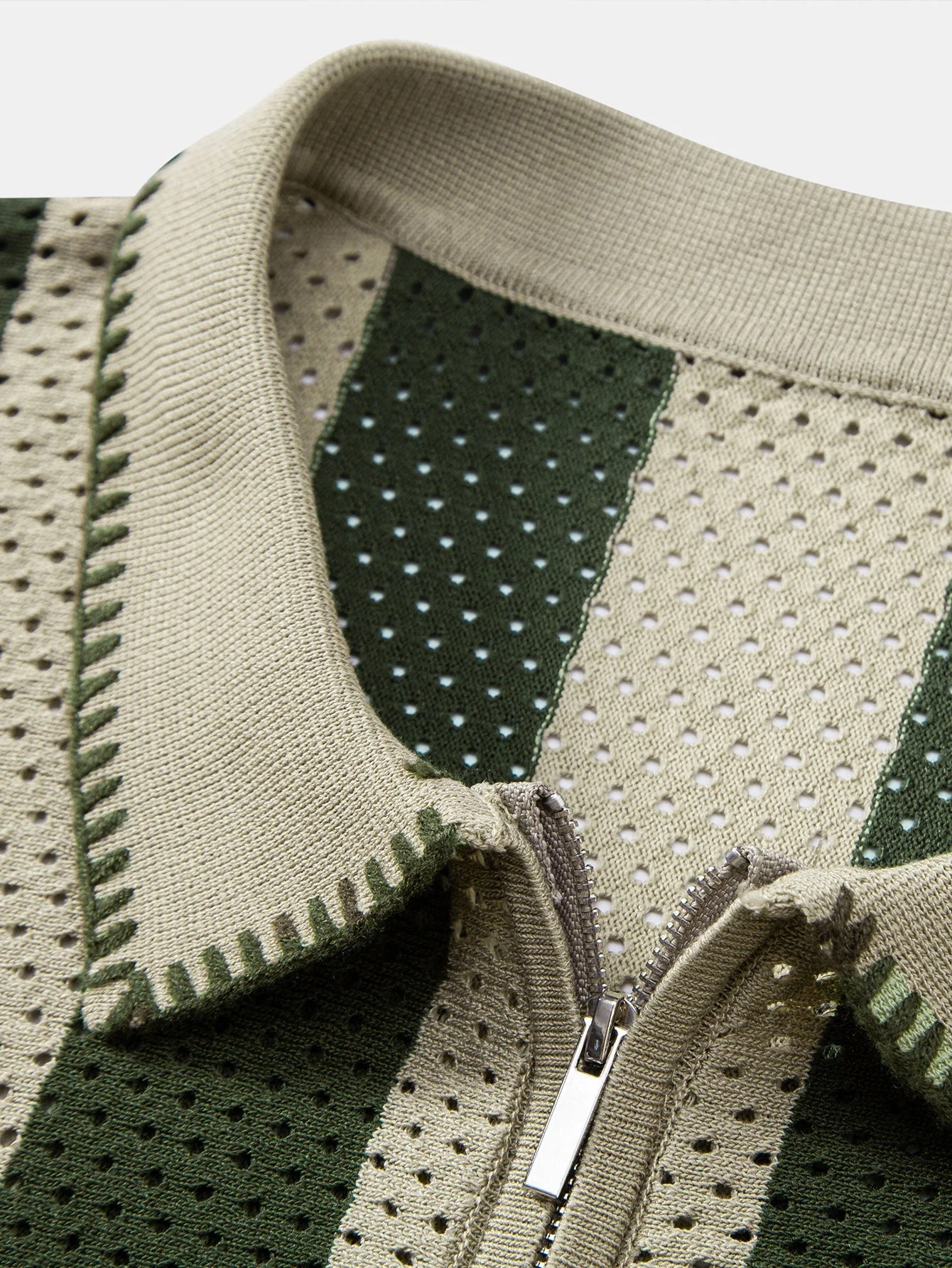 Dylan | Striped Eyelet Knit Zip Up Polo Shirt - Image 3