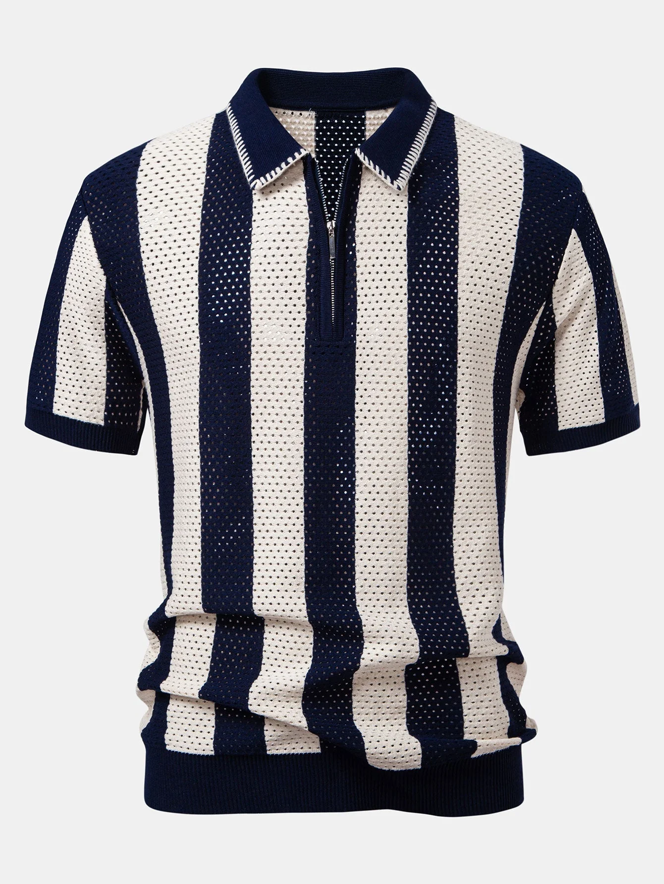 Dylan | Striped Eyelet Knit Zip Up Polo Shirt - Image 8