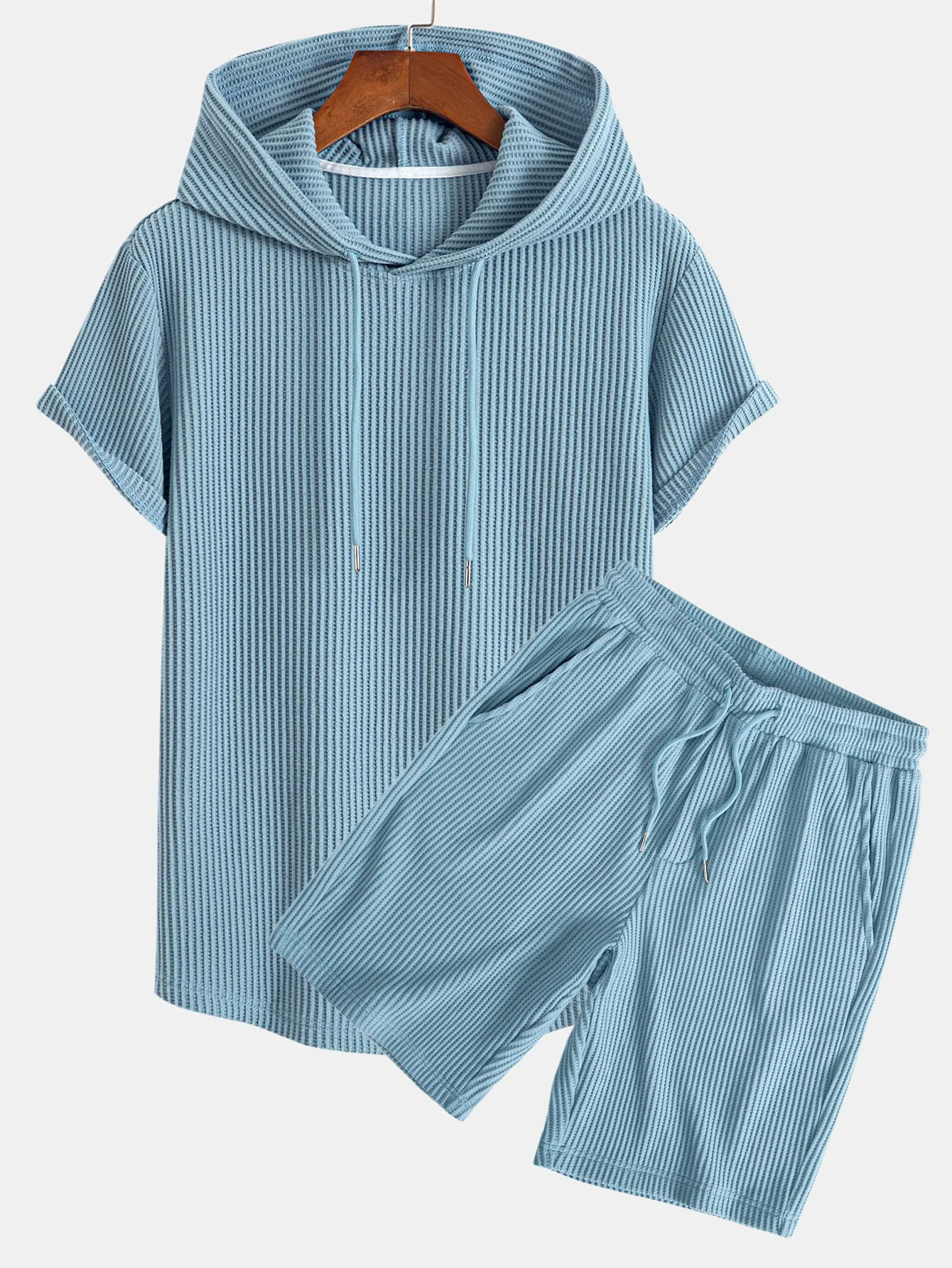 Earl® | Knitted Waffle Arc Hem Hooded T-Shirt & Drawstring Waffle Shorts - Image 3