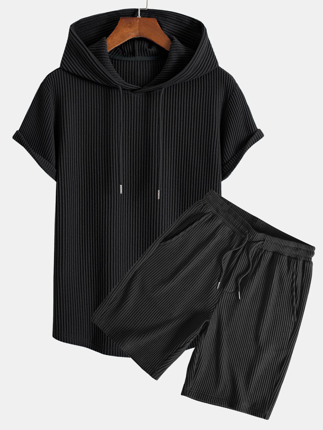 Earl® | Knitted Waffle Arc Hem Hooded T-Shirt & Drawstring Waffle Shorts - Image 5