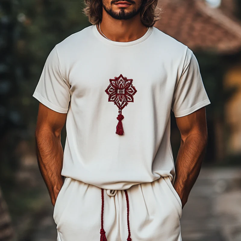 Earl | Men'S Bohemian Flower Embroidery Tassel Decoration Cotton Round Neck Loose Short Sleeve T-Shirt - Image 2