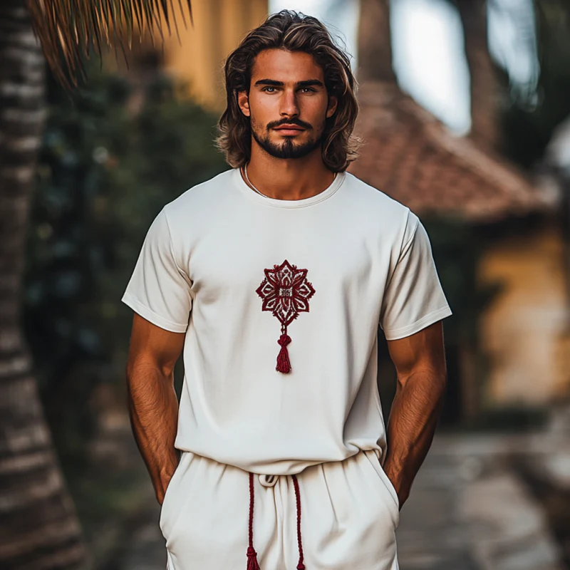 Earl | Men'S Bohemian Flower Embroidery Tassel Decoration Cotton Round Neck Loose Short Sleeve T-Shirt - Image 3