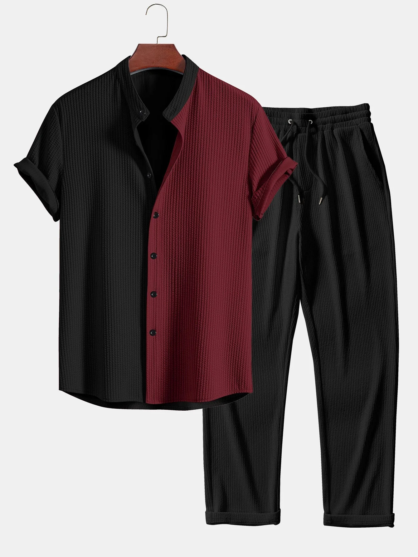 Ed® | Muscle Fit Ribbed Shirt With Mandarin Collar & Straight Leg Ribbed Trousers - Image 2