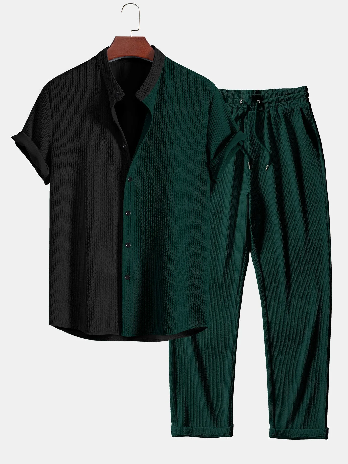 Ed® | Muscle Fit Ribbed Shirt With Mandarin Collar & Straight Leg Ribbed Trousers - Image 4
