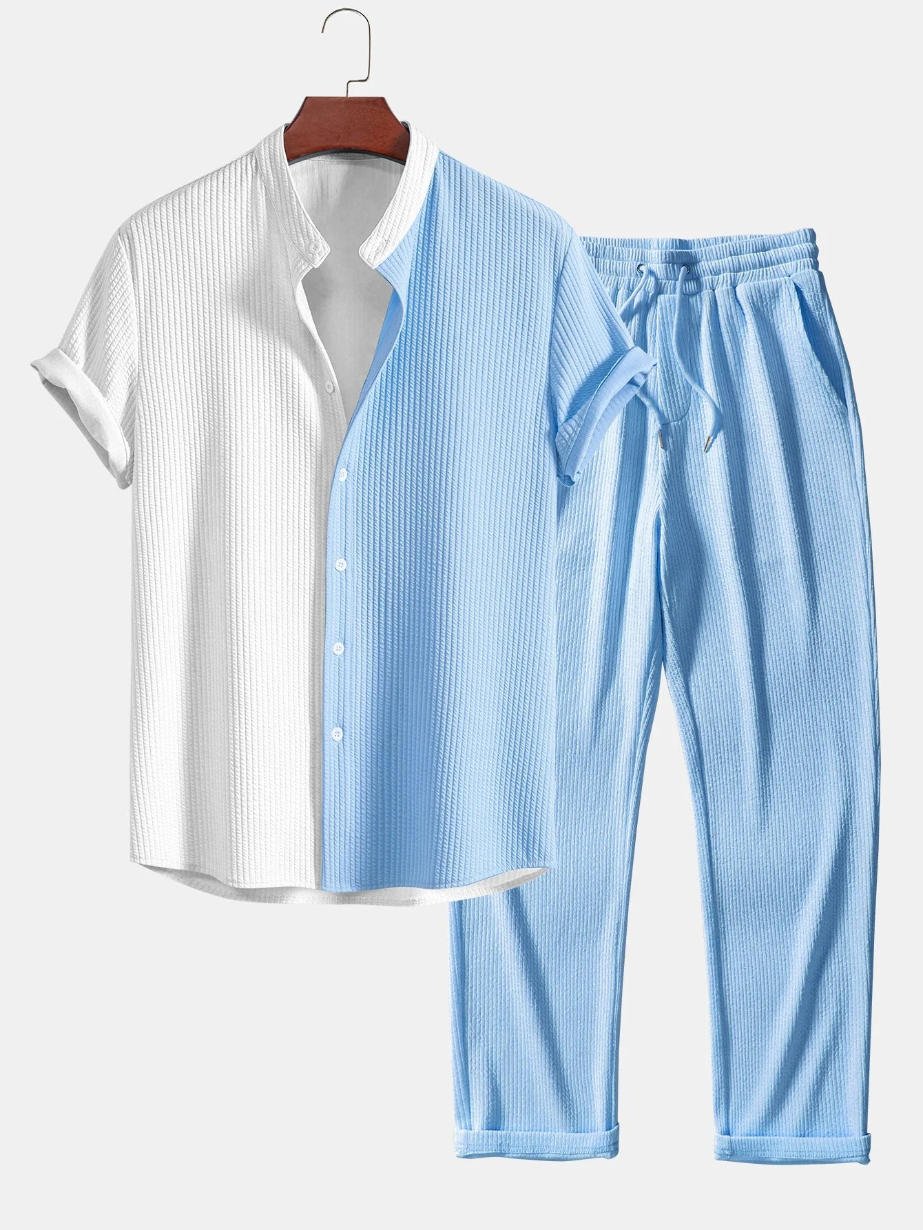 Ed® | Muscle Fit Ribbed Shirt With Mandarin Collar & Straight Leg Ribbed Trousers - Image 5