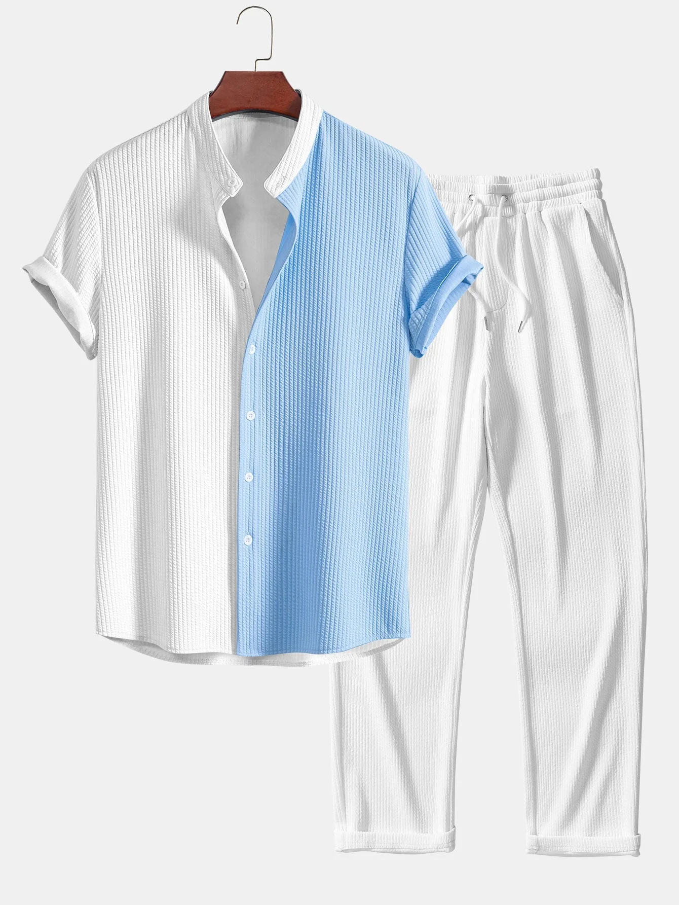 Ed® | Muscle Fit Ribbed Shirt With Mandarin Collar & Straight Leg Ribbed Trousers - Image 7