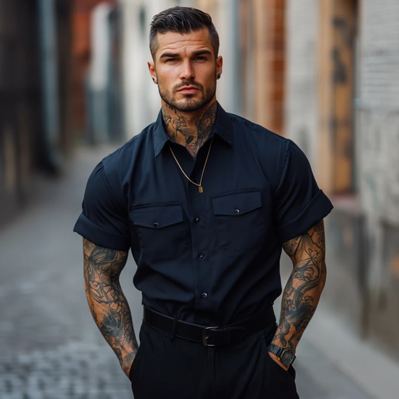 Eddie | Men'S Casual Breathable Cotton Lapel Chest Pocket Loose Short Sleeve Work Shirt - Image 4