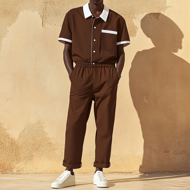 Edgar | Men'S Casual Cotton Blend Colorblock Lapel Patch Pocket Short Sleeve Shirt Pants Slim Jumpsuit - Image 2