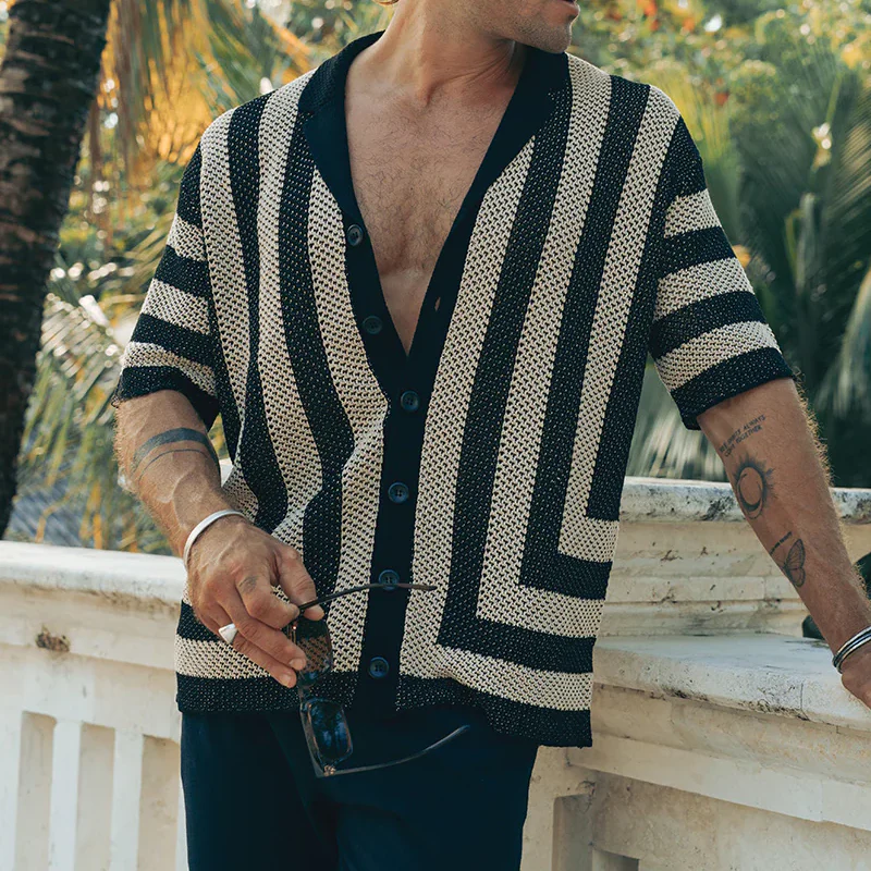 Edgar | Men'S Spring And Summer Fashion Casual Hollow Striped Knitted Short-Sleeved Shirt - Image 2
