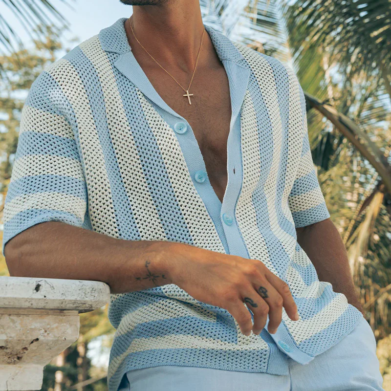 Edgar | Men'S Spring And Summer Fashion Casual Hollow Striped Knitted Short-Sleeved Shirt - Image 9