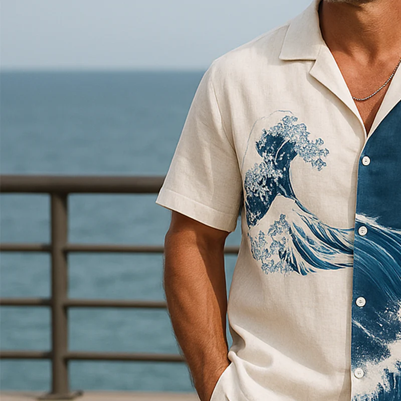 Edgar | Men'S Summer Fashion Wave Printed Cotton And Linen Short Sleeve Shirt - Image 3