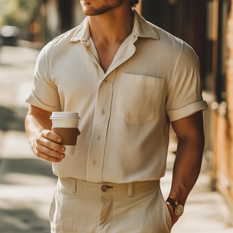 Edward | Men'S Casual Cotton Blended Stripe Lapel Patch Pocket Loose Short Sleeve Shirt - Image 2