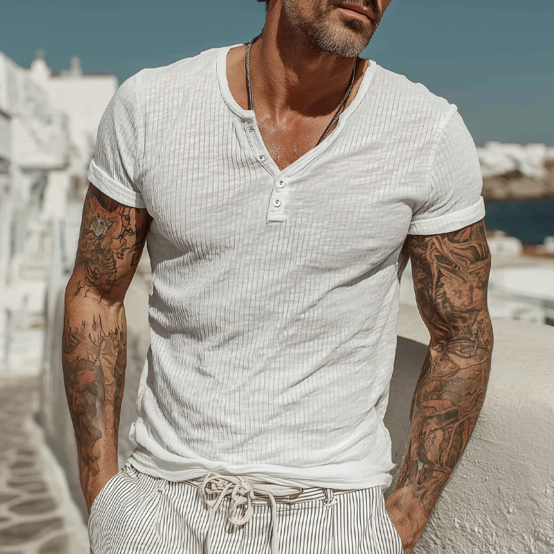 Edward | Men'S Solid Color Knitted Striped Textured Henley Collar Short-Sleeved T-Shirt - Image 2