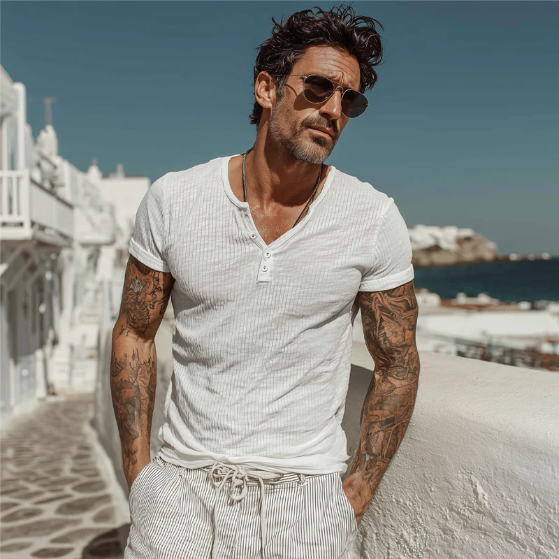 Edward | Men'S Solid Color Knitted Striped Textured Henley Collar Short-Sleeved T-Shirt - Image 3
