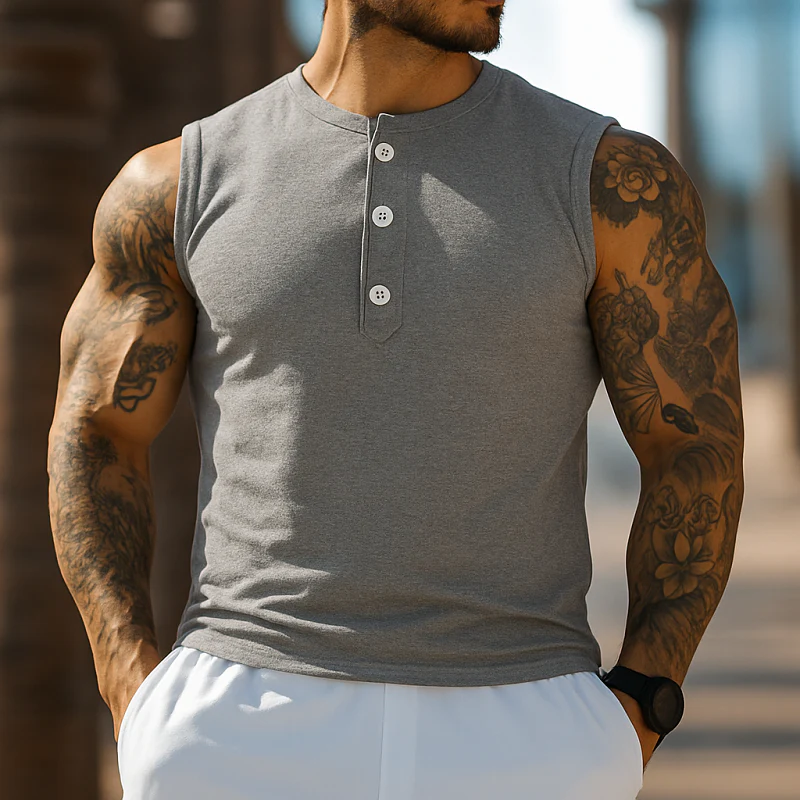 Edwin | Men'S Casual Breathable Cotton Henley Collar Slim Fit Sports Tank Top - Image 2