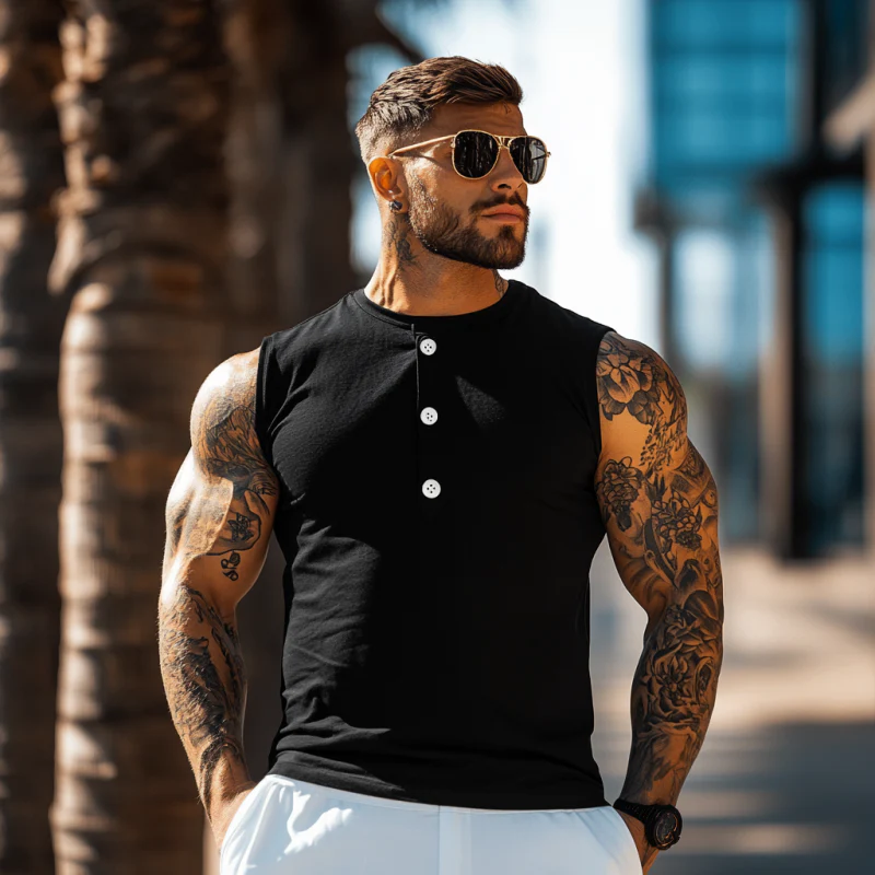Edwin | Men'S Casual Breathable Cotton Henley Collar Slim Fit Sports Tank Top - Image 6