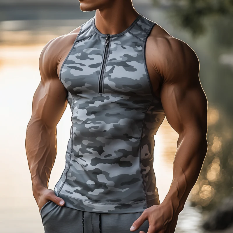 Edwin | Men'S Casual Quick-Drying Camouflage Patchwork Zipper Collar Slim Sports Tank Top - Image 2