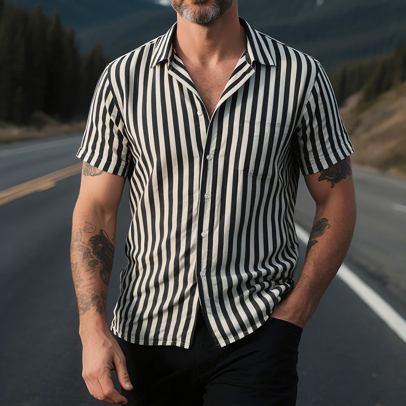 Edwin | Men'S Retro Casual Striped Print Lapel Short Sleeve Shirt - Image 2